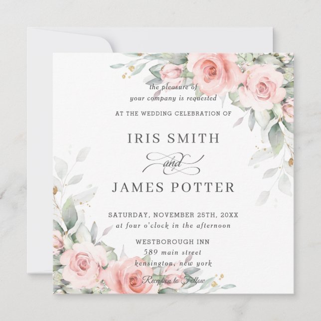 Elegant Blush Pink Floral Greenery Wedding Square Invitation (Front)