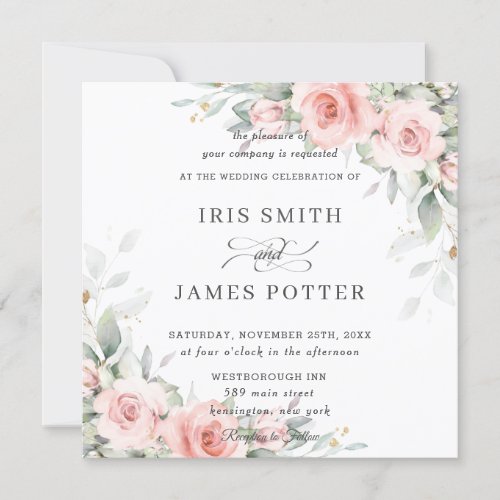 Elegant Blush Pink Floral Greenery Wedding Square Invitation