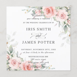 Elegant Blush Pink Floral Greenery Wedding Square Invitation