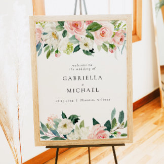 Elegant Blush Pink Floral Greenery Wedding Welcome Poster