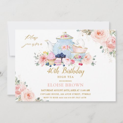Elegant Blush Pink Floral High Tea Party Birthday  Invitation