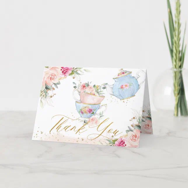 Elegant Blush Pink Floral High Tea Party Birthday Thank You Card | Zazzle