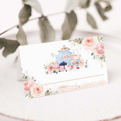 Elegant Blush Pink Floral High Tea Party Bridal Place Card