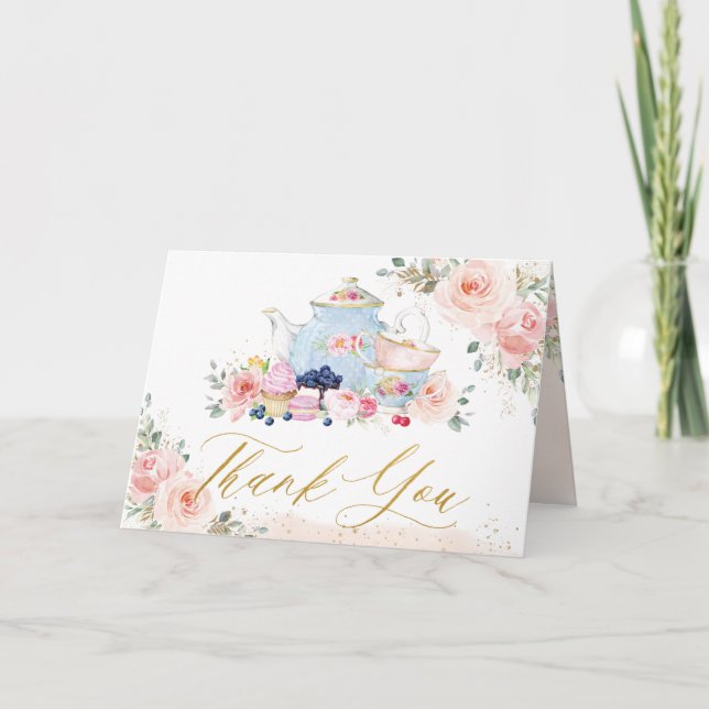 Elegant Blush Pink Floral High Tea Party Bridal  Thank You Card (Front)