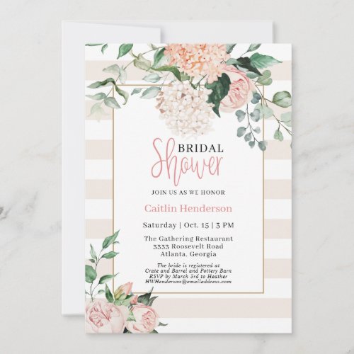 Elegant Blush Pink Floral Hydrangea Bridal Shower  Invitation