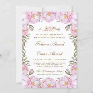 Elegant Blush Pink Floral Islamic Muslim Wedding Invitation