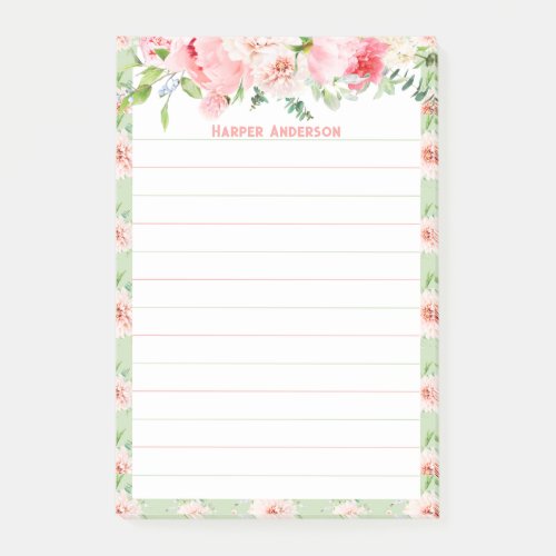 Elegant Blush Pink Floral  Lined Monogram Name Post_it Notes