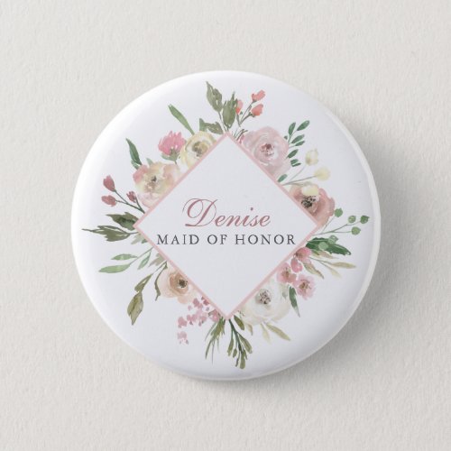 Elegant Blush Pink Floral Maid of Honor Name Tag Button