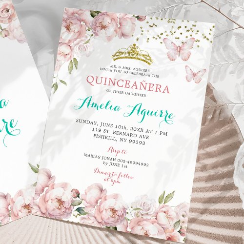 Elegant Blush Pink Floral Mexican Quinceaera Invitation