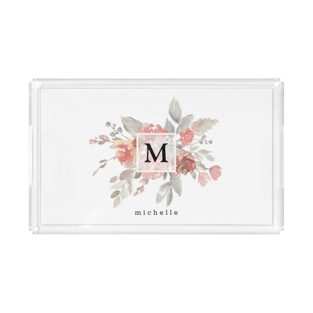 Elegant Blush Pink Floral Monogram Acrylic Tray (Front)