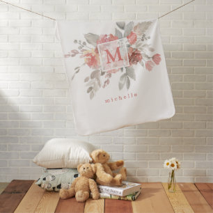 Elegant Blush Pink Floral Monogram  Baby Blanket
