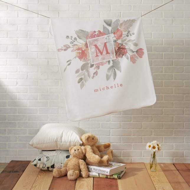 Elegant Blush Pink Floral Monogram  Baby Blanket (In Situ)