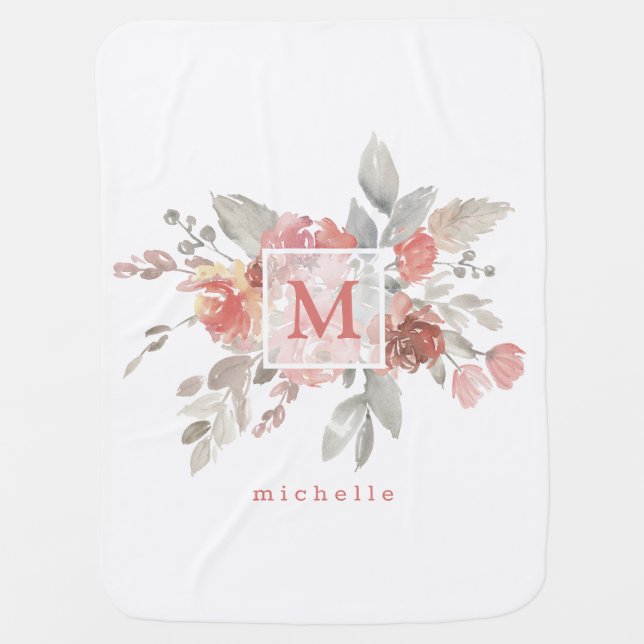 Elegant Blush Pink Floral Monogram  Baby Blanket (Front)