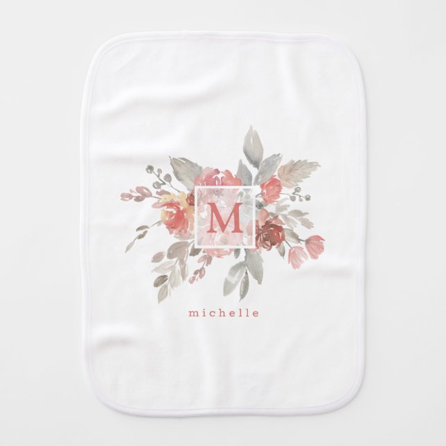 Elegant Blush Pink Floral Monogram  Baby Burp Cloth (Front)