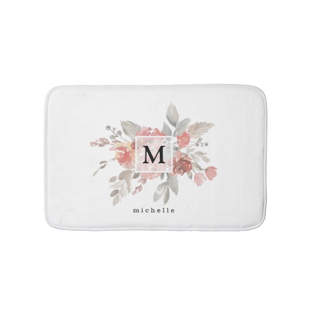 Elegant Blush Pink Floral Monogram Bath Mat (Front)