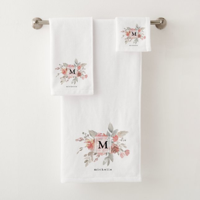 Elegant Blush Pink Floral Monogram Bath Towel Set (Insitu)