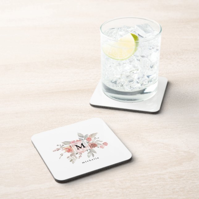 Elegant Blush Pink Floral Monogram Beverage Coaster (Right Side)