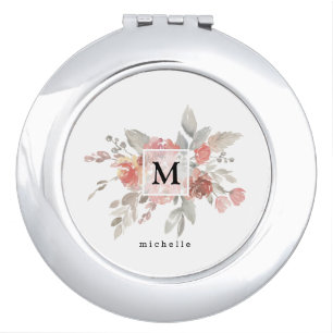 Elegant Blush Pink Floral Monogram Compact Mirror