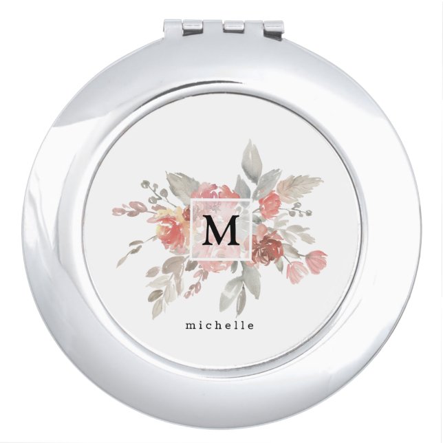 Elegant Blush Pink Floral Monogram Compact Mirror (Front)