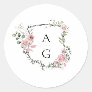 Elegant Blush Pink Floral Monogram Crest Wedding  Classic Round Sticker