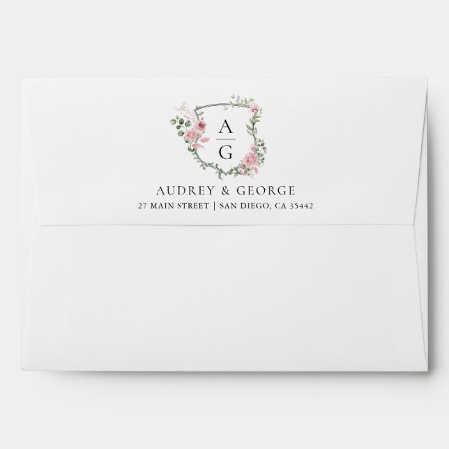 Elegant Blush Pink Floral Monogram Crest Wedding Envelope (Back (Top Flap))