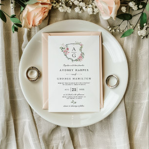 Elegant Blush Pink Floral Monogram Crest Wedding Invitation