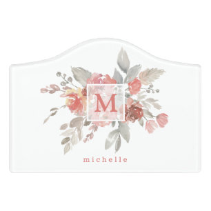 Elegant Blush Pink Floral Monogram  Door Sign