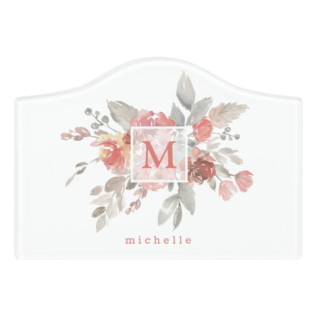 Elegant Blush Pink Floral Monogram  Door Sign (Small Crest Front)