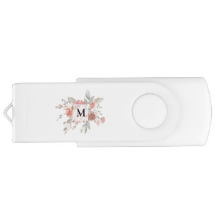 Elegant Blush Pink Floral Monogram Flash Drive