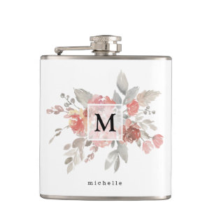 Elegant Blush Pink Floral Monogram Flask