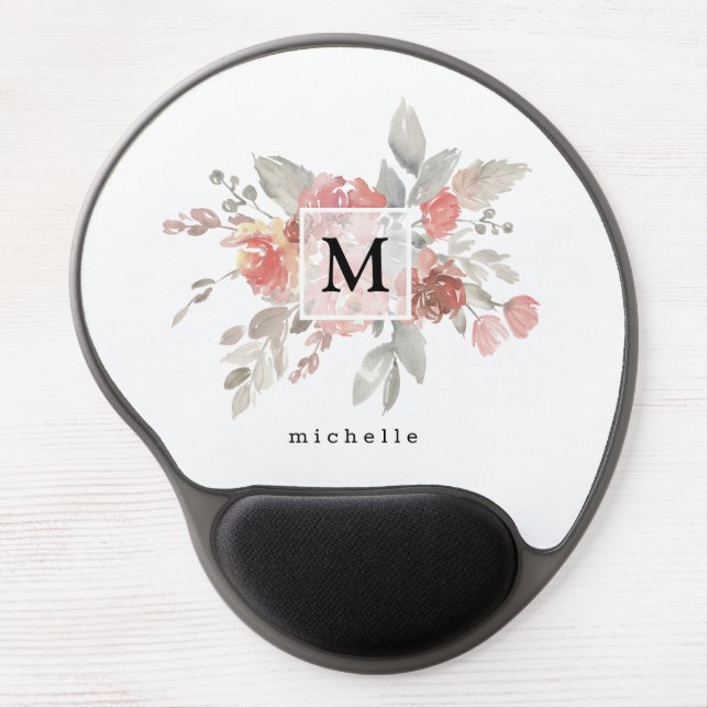 Elegant Blush Pink Floral Monogram Gel Mouse Pad (Front)