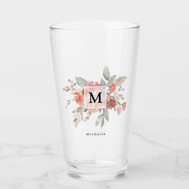 Elegant Blush Pink Floral Monogram Glass (Front)