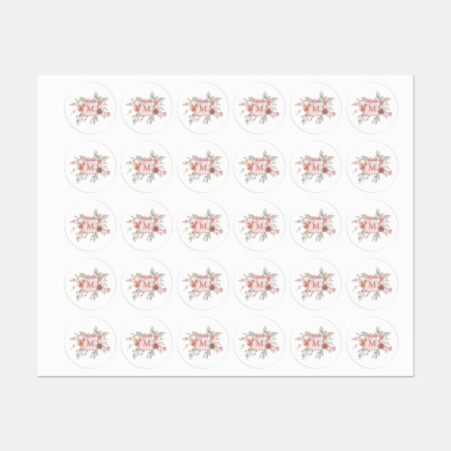 Elegant Blush Pink Floral Monogram  Kids' Labels (Sheet)