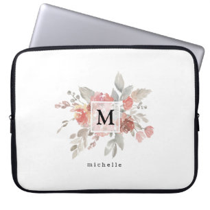 Elegant Blush Pink Floral Monogram  Laptop Sleeve