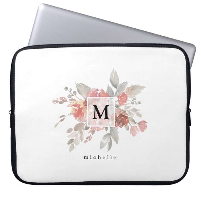Elegant Blush Pink Floral Monogram  Laptop Sleeve (Front)