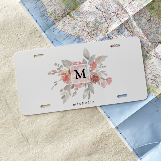 Elegant Blush Pink Floral Monogram License Plate (In Situ)
