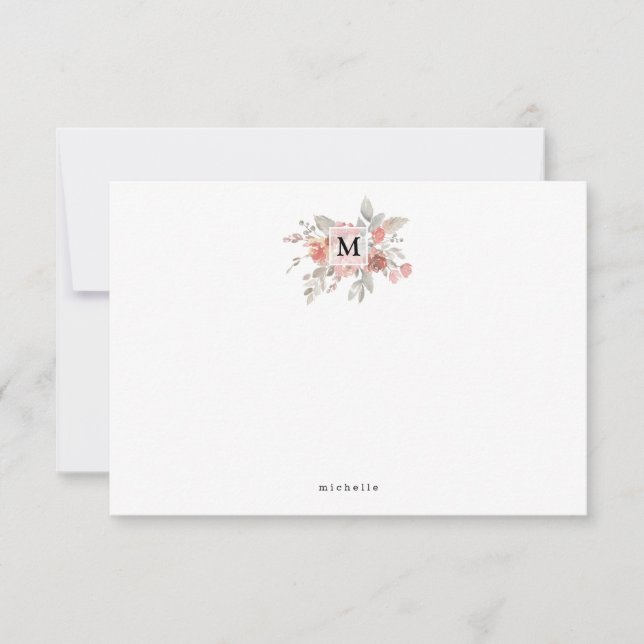 Elegant Blush Pink Floral Monogram Note Card (Front)