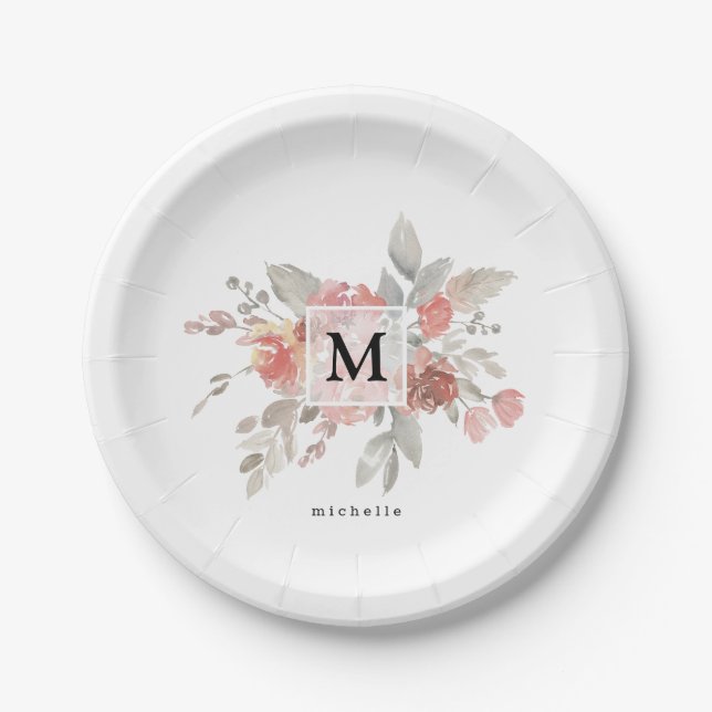 Elegant Blush Pink Floral Monogram Paper Plates (Front)
