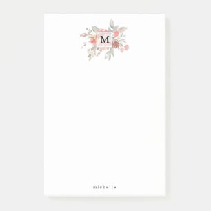 Elegant Blush Pink Floral Monogram Post-it Notes