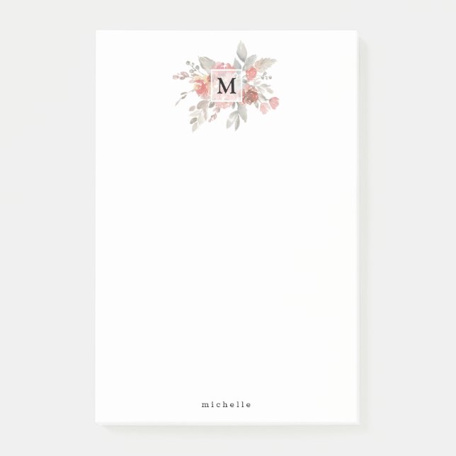 Elegant Blush Pink Floral Monogram Post-it Notes (Front)