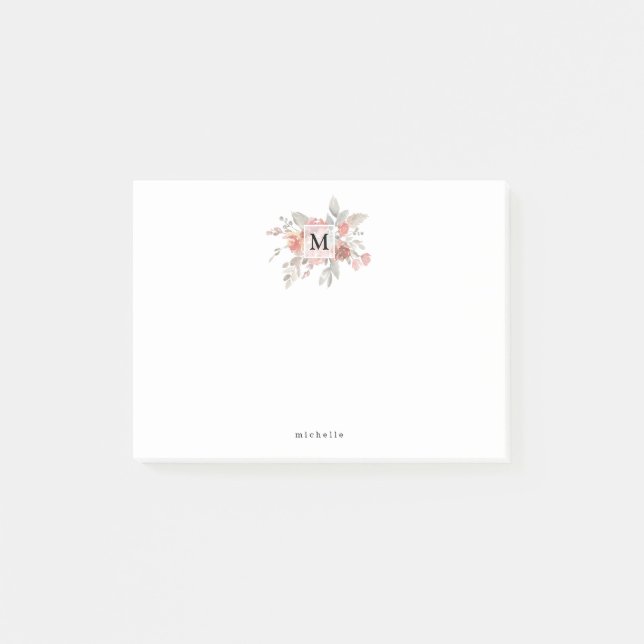 Elegant Blush Pink Floral Monogram Post-it Notes (Front)
