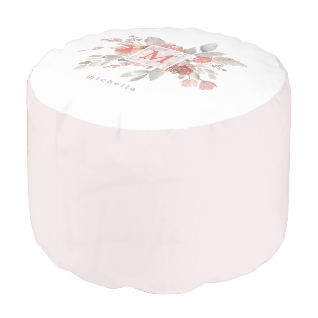 Elegant Blush Pink Floral Monogram  Pouf (Angled Back)