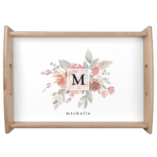 Elegant Blush Pink Floral Monogram Serving Tray