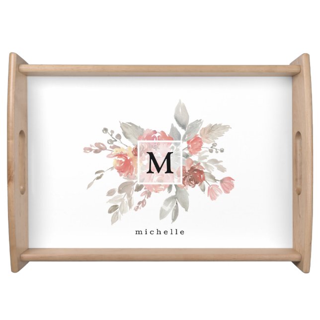 Elegant Blush Pink Floral Monogram Serving Tray (Front)