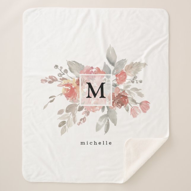 Elegant Blush Pink Floral Monogram Sherpa Blanket (Front)