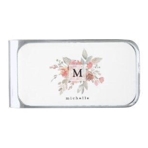 Elegant Blush Pink Floral Monogram Silver Finish Money Clip