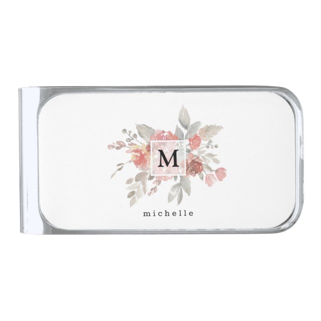 Elegant Blush Pink Floral Monogram  Silver Finish Money Clip (Front)