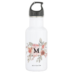 Elegant Blush Pink Floral Monogram Stainless Steel Water Bottle