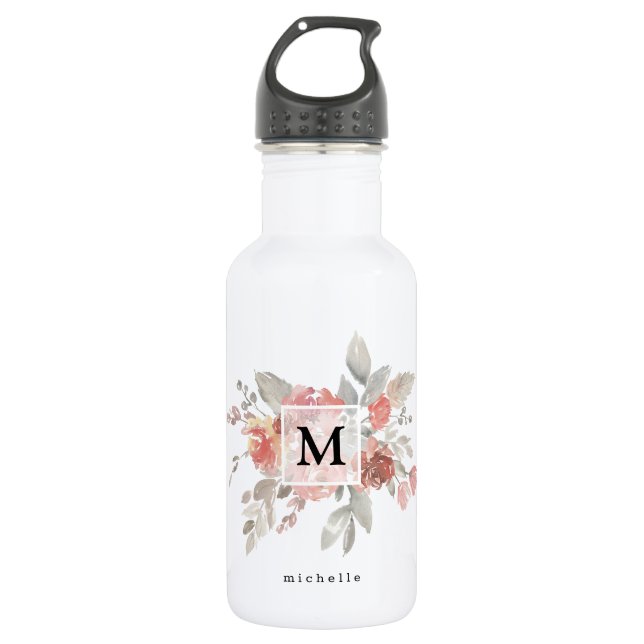 Elegant Blush Pink Floral Monogram Stainless Steel Water Bottle (Front)
