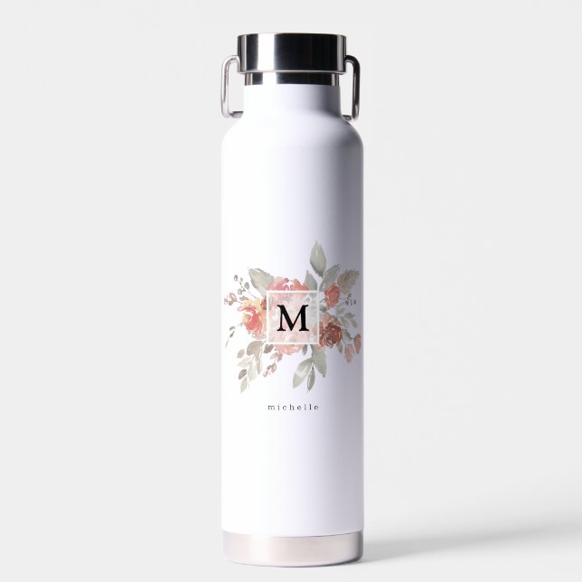Elegant Blush Pink Floral Monogram Water Bottle (Front)